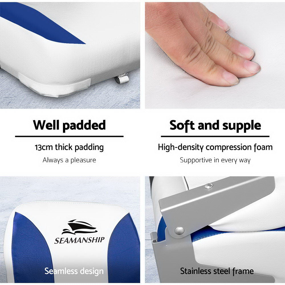 Seamanship 2X Folding Boat Seats Marine Swivel Low Back 13cm Padding White Blue.