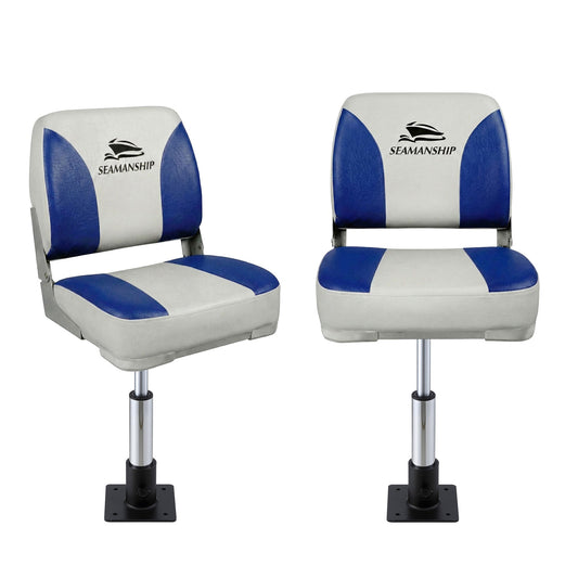 Seamanship 2X Folding Boat Seats with 2X Adjustable Pedestals 34â46cm Marine Swivel Low Back 13cm Padding White Blue.