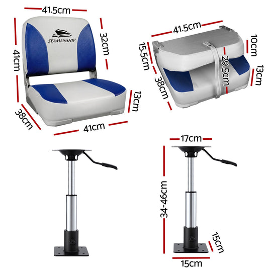 Seamanship 2X Folding Boat Seats with 2X Adjustable Pedestals 34â46cm Marine Swivel Low Back 13cm Padding White Blue.