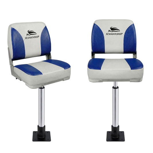 Seamanship 2X Folding Boat Seats with 2X Adjustable Pedestals 55â75cm Marine Swivel Low Back 13cm Padding White Blue.