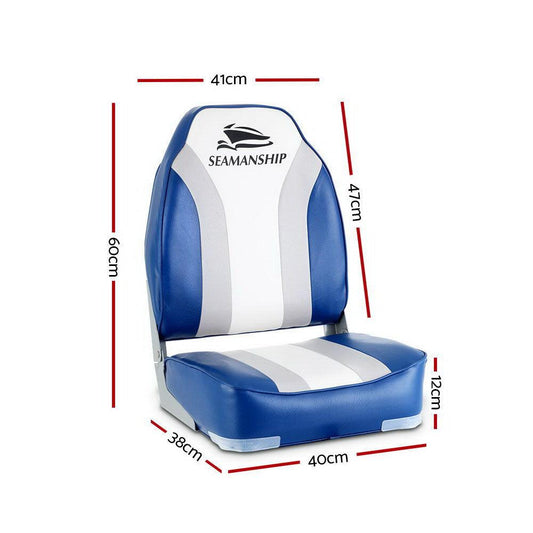 Seamanship 2X Folding Boat Seats Marine Seat Swivel High Back 12cm Padding Blue.