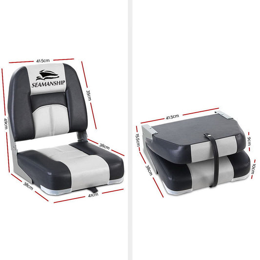 Seamanship 2X Folding Boat Seats Marine Seat Swivel Low Back 10cm Padding Grey.