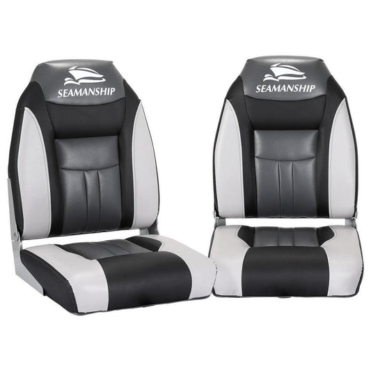 Seamanship 2X Folding Boat Seats Marine Seat Swivel High Back 12cm Padding Black.