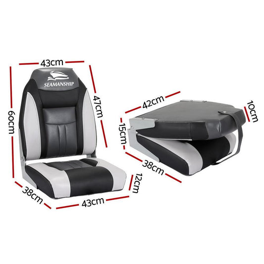 Seamanship 2X Folding Boat Seats Marine Seat Swivel High Back 12cm Padding Black.