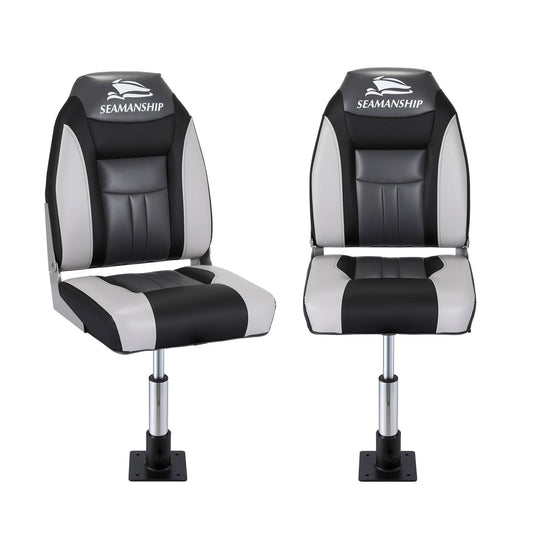 Seamanship 2X Folding Boat Seats with 2X Adjustable Pedestals 34â46cm Marine Seat Swivel High Back 12cm Padding Black.