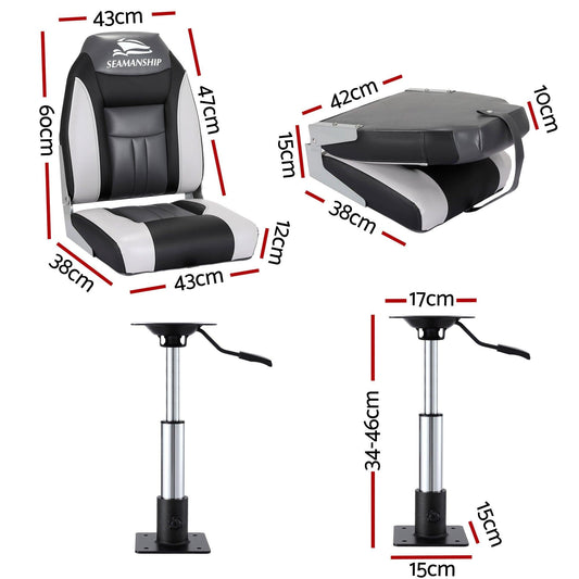 Seamanship 2X Folding Boat Seats with 2X Adjustable Pedestals 34â46cm Marine Seat Swivel High Back 12cm Padding Black.