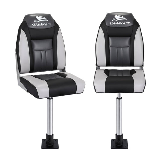 Seamanship 2X Folding Boat Seats with 2X Adjustable Pedestals 55â75cm Marine Seat Swivel High Back 12cm Padding Black.