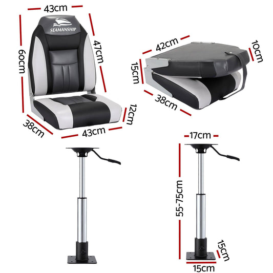 Seamanship 2X Folding Boat Seats with 2X Adjustable Pedestals 55â75cm Marine Seat Swivel High Back 12cm Padding Black.