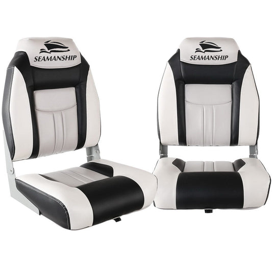 Seamanship 2X Folding Boat Seats Marine Seat Swivel High Back 12cm Padding Grey.