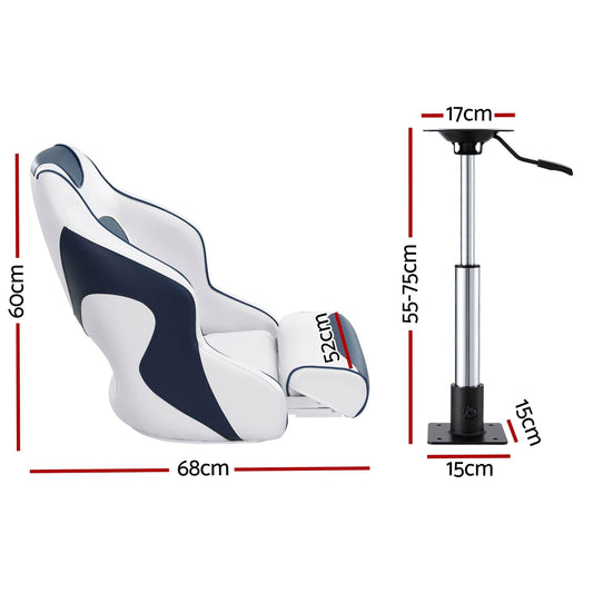 Seamanship Captain Bucket Boat Seats Flip Up Bolster Swivel 15cm Padding with Adjustable Pedestals 55â75cm Blue.