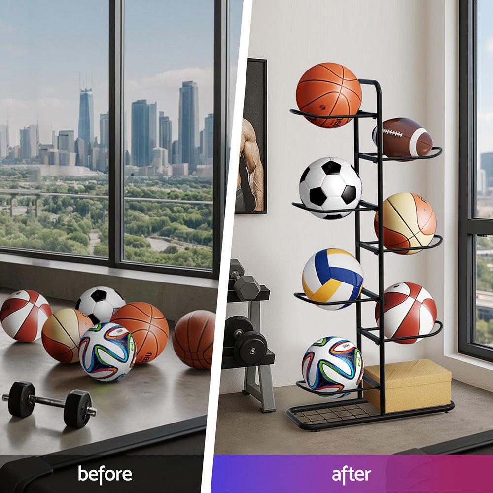 Everfit Ball Storage Rack Sports Equipment Organizer 7-Tier Holder for Garage Gym Black.