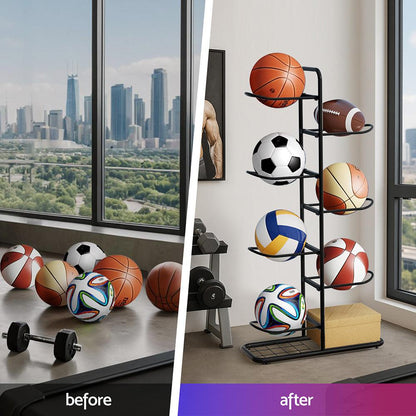 Everfit Ball Storage Rack Sports Equipment Organizer 7-Tier Holder for Garage Gym Black.