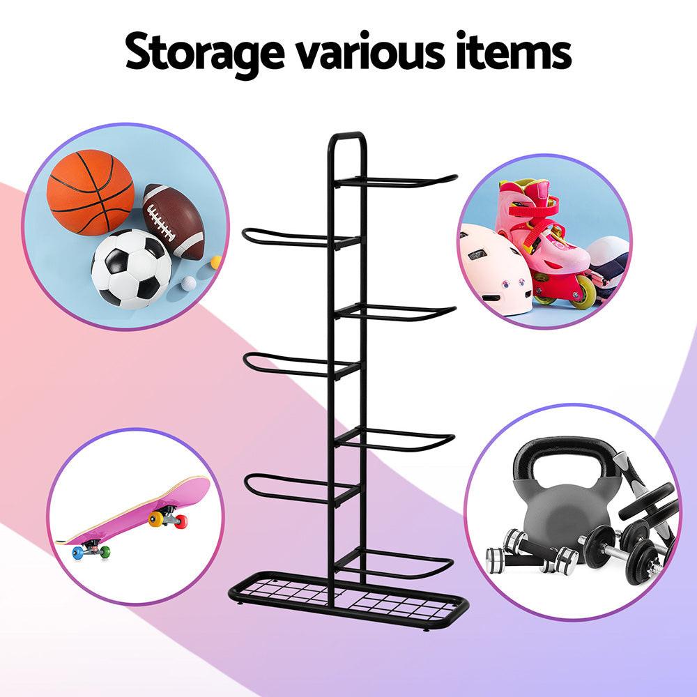 Everfit Ball Storage Rack Sports Equipment Organizer 7-Tier Holder for Garage Gym Black.