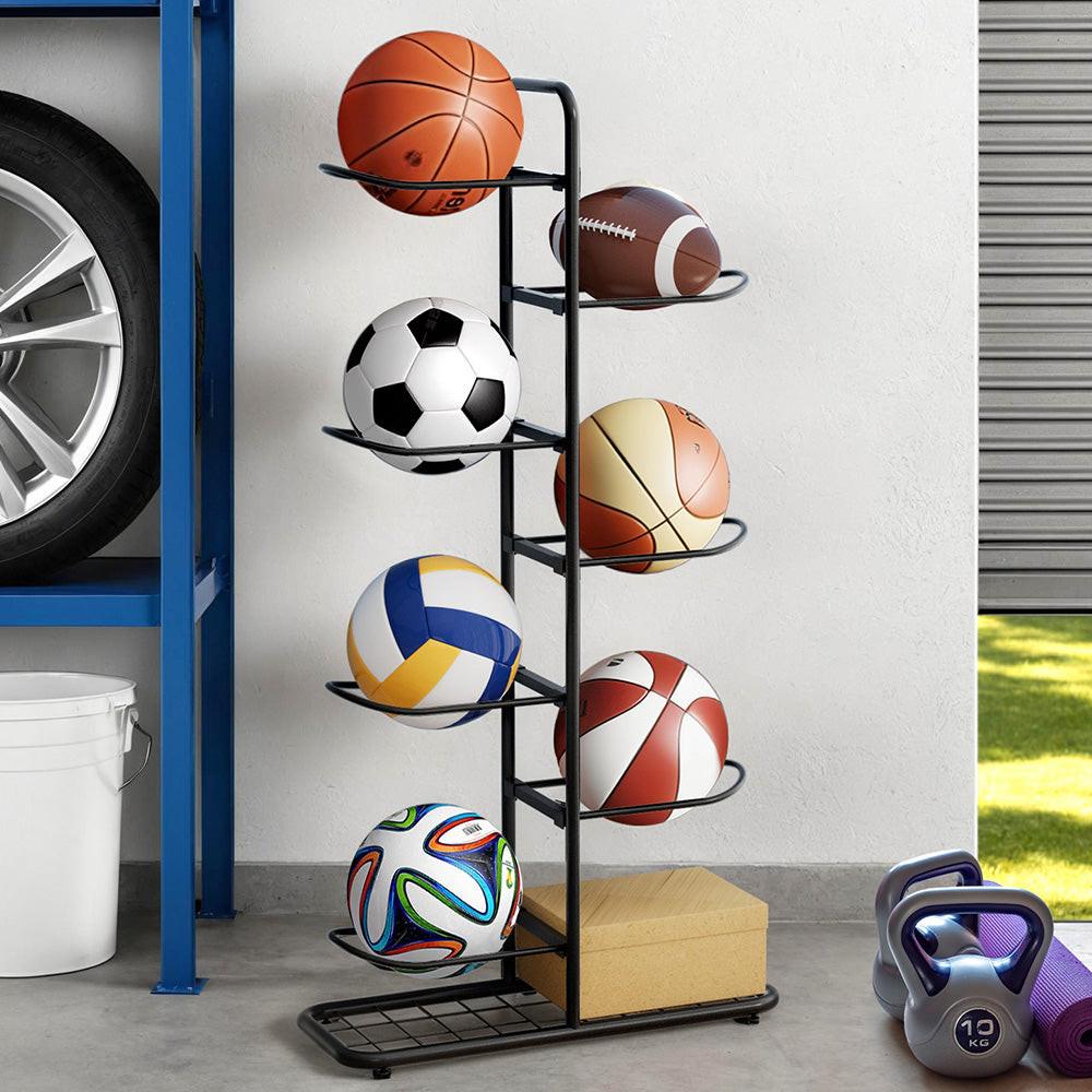 Everfit Ball Storage Rack Sports Equipment Organizer 7-Tier Holder for Garage Gym Black.