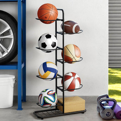 Everfit Ball Storage Rack Sports Equipment Organizer 7-Tier Holder for Garage Gym Black.