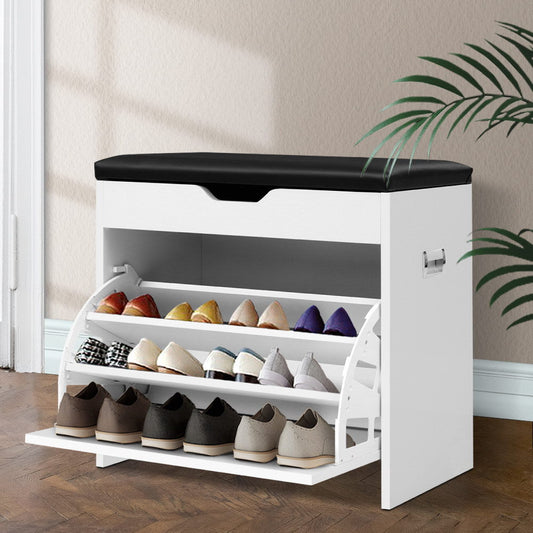 Artiss Shoe Rack Cabinet Bench 3-tier 15 Pairs White.