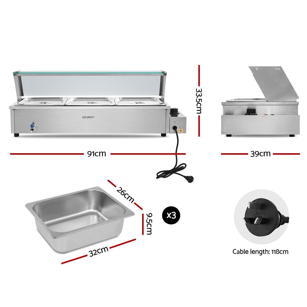 Devanti Commercial Food Warmer Bain Marie 3 Electric Buffet Pans.