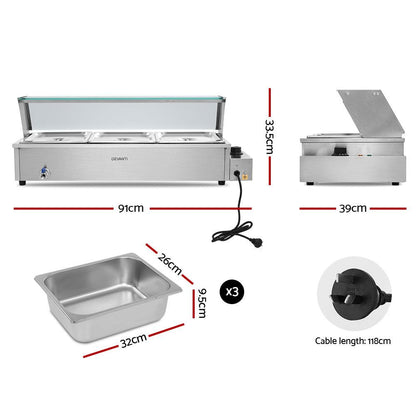 Devanti Commercial Food Warmer Bain Marie 3 Electric Buffet Pans.