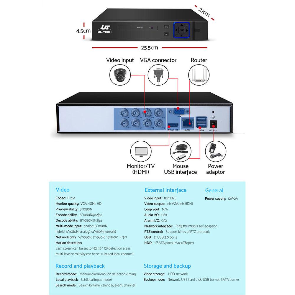 UL-TECH 1080P Security Camera System 8CH DVR with 8 CCTV Dome Cameras.