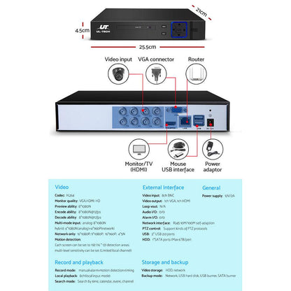 UL-TECH 1080P Security Camera System 8CH DVR with 8 CCTV Dome Cameras.