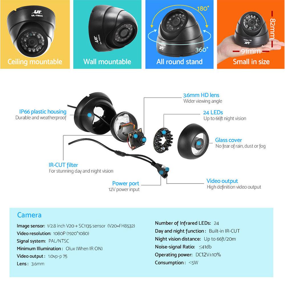 UL-TECH 1080P Security Camera System 8CH DVR with 8 CCTV Dome Cameras.