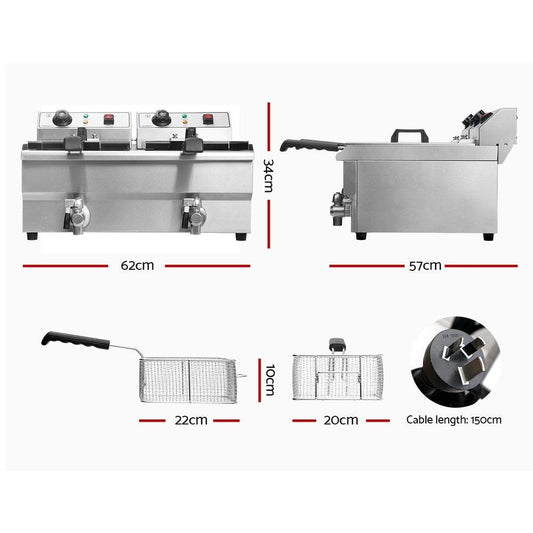 Devanti 20L Electric Commercial Deep Fryer Double Baskets Oil Taps 6000W.