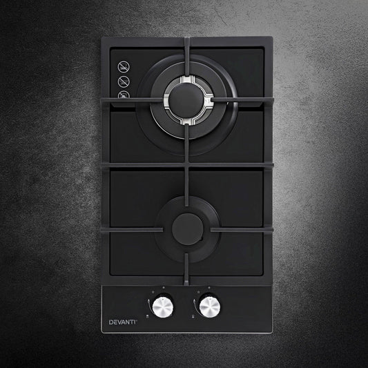 Devanti Gas Cooktop 30cm 2 Burner Built-in Stove Glass Cook Top NG LPG Wok Burner.