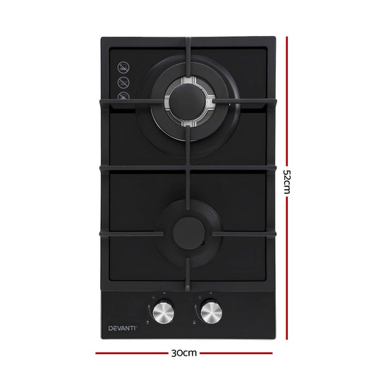 Devanti Gas Cooktop 30cm 2 Burner Built-in Stove Glass Cook Top NG LPG Wok Burner.