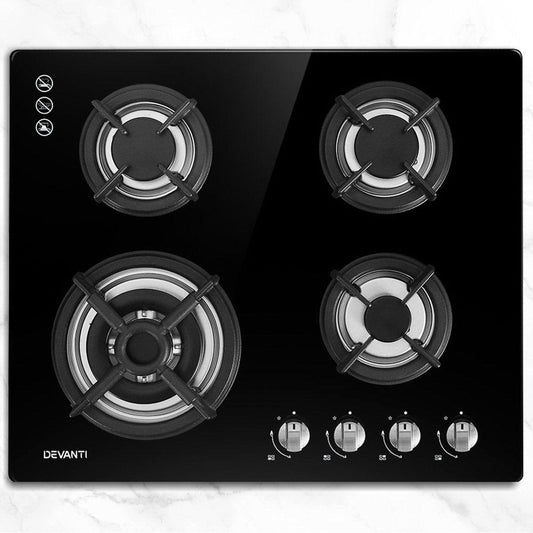 Devanti Gas Cooktop 60cm 4 Burner Black.