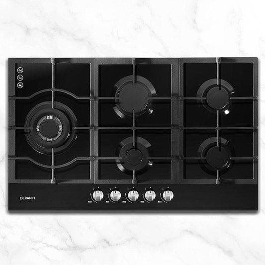 Devanti Gas Cooktop 90cm 5 Burner Black.