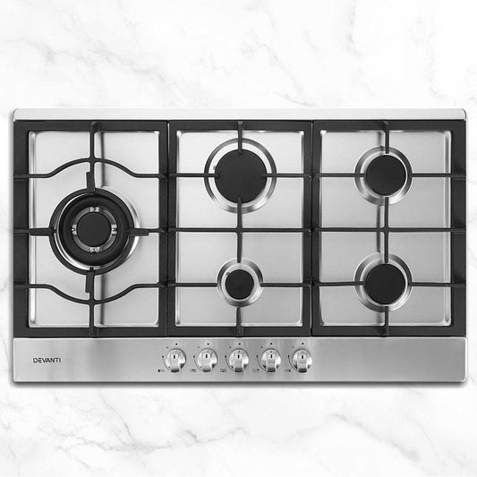 Devanti Gas Cooktop 90cm 5 Burner Silvir.