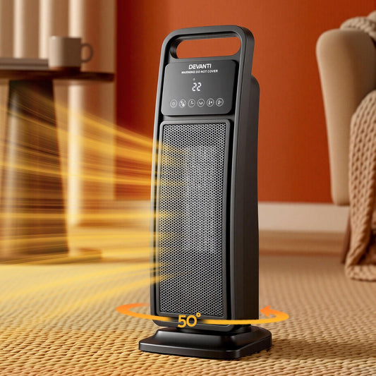 Devanti 2000W Ceramic Tower Heater Space Heaters Indoor Oscillating Black.