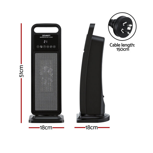 Devanti 2000W Ceramic Tower Heater Space Heaters Indoor Oscillating Black.