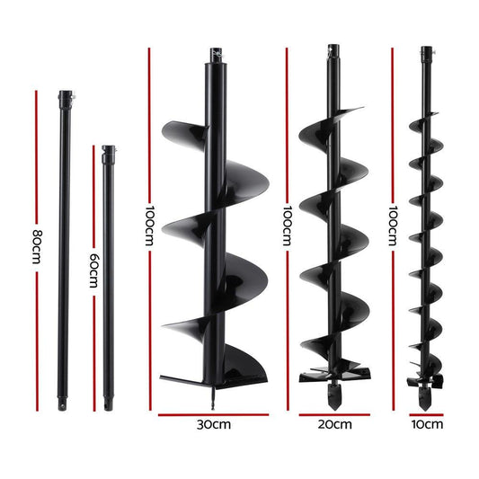 Giantz Post Hole Digger Auger Drill Bit Set 100mm 200mm 300mm Carbon Steel Black.