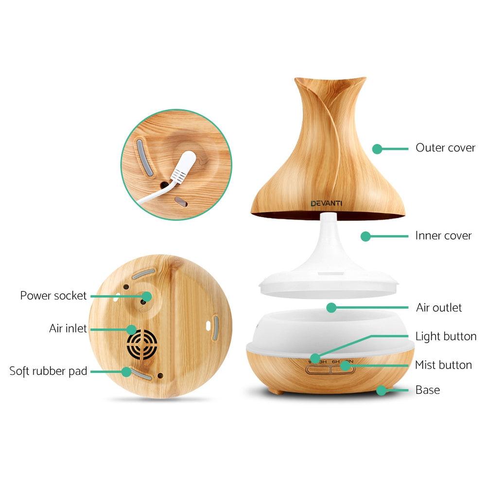 Devanti Aroma Diffuser Aromatherapy Light Wood 400ml.