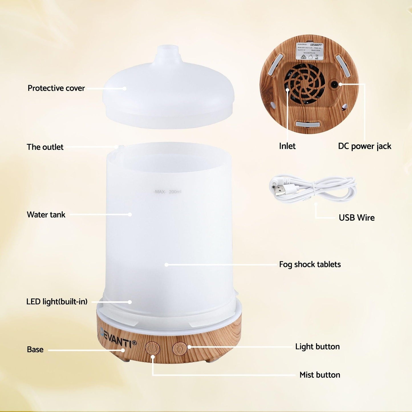 Devanti Ultrasonic Aroma Diffuser Aromatherapy 200ml LED Lights Iron Humidifier Forest.