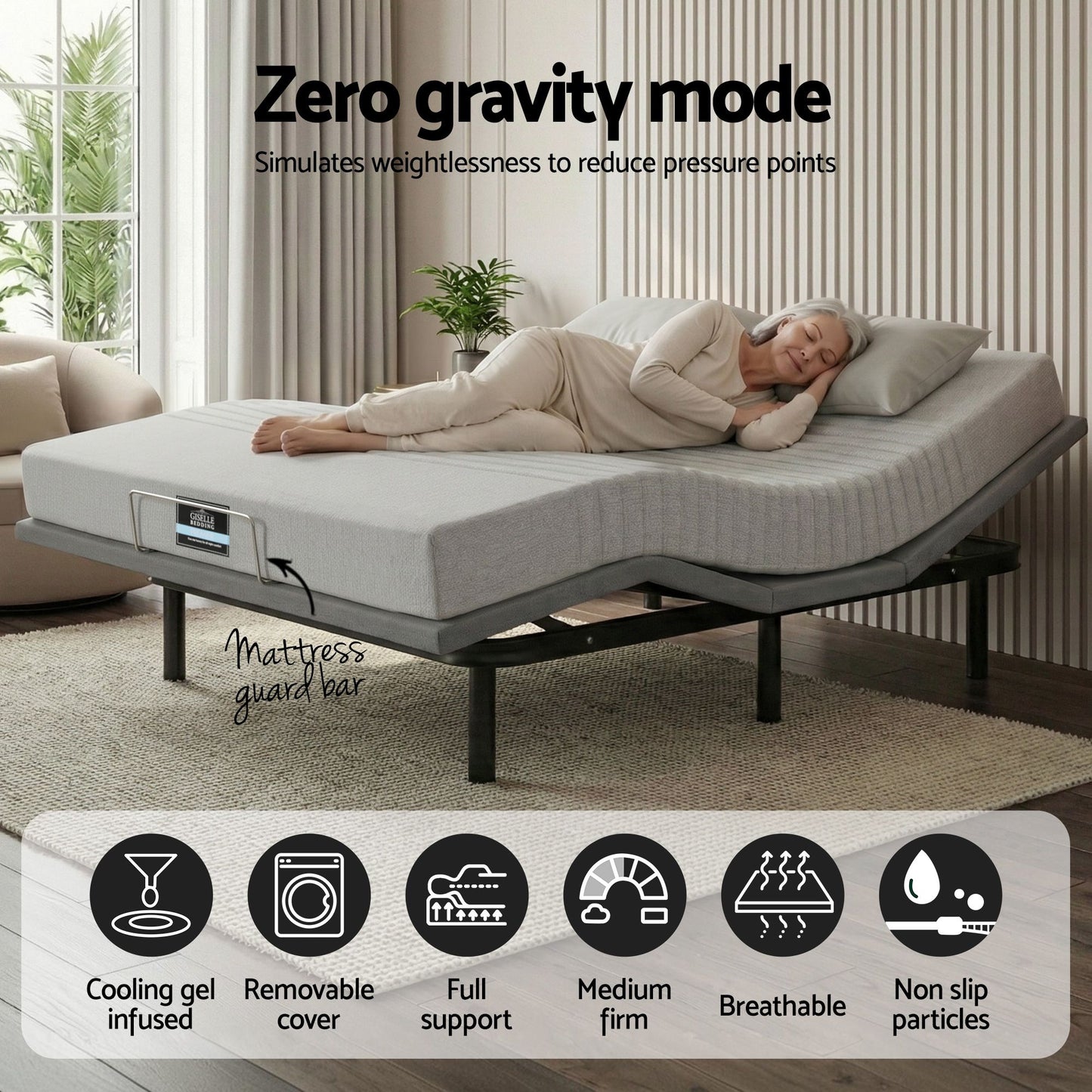 Artiss Double Bed Frame and Giselle Bedding Double Memory Foam Mattress Set, Electric Bed Base with Zero Gravity & 7 Zone Cooling Comfort for Back Pain Relief, Black & Grey,15cm Thickness