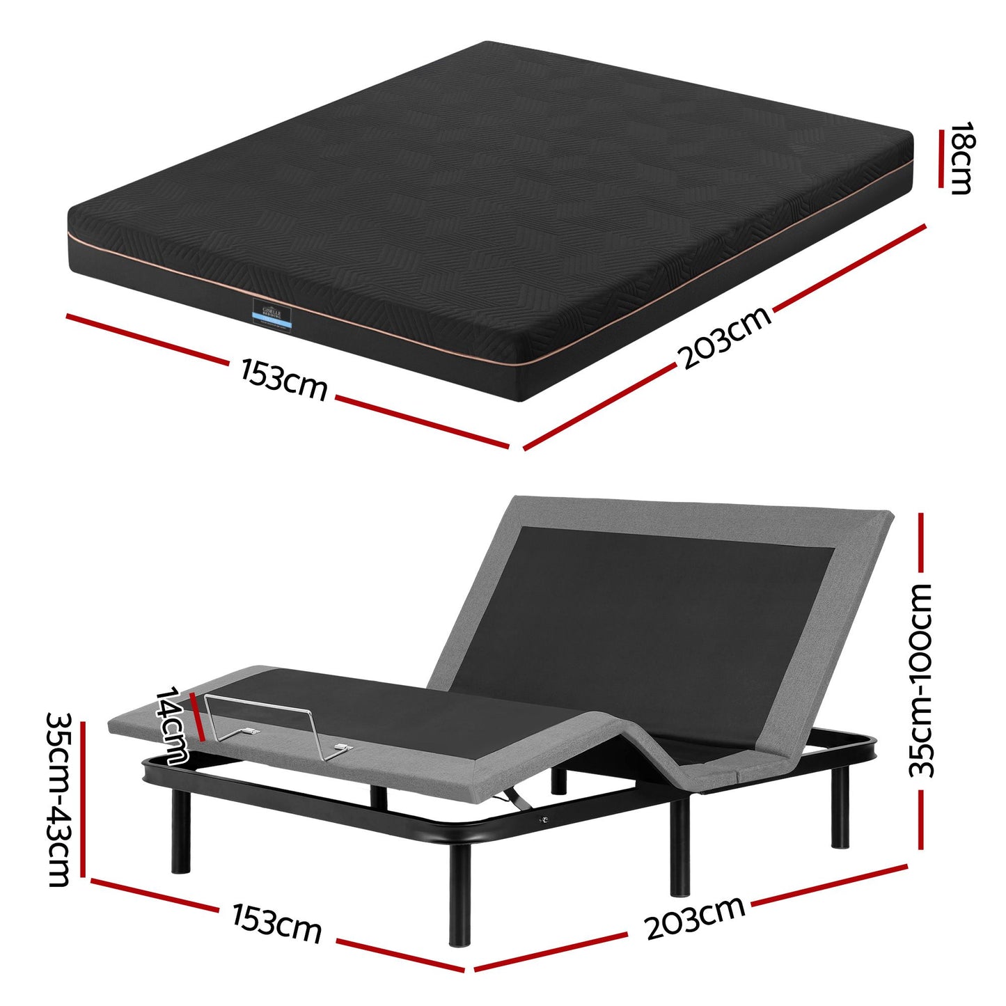 Artiss Queen size bed frame with Giselle Bedding Queen Mattress, adjustable bed Base Combo for Snoring Relief, Independent Head Foot Incline, Wireless Remote, Black,18cm Thickness