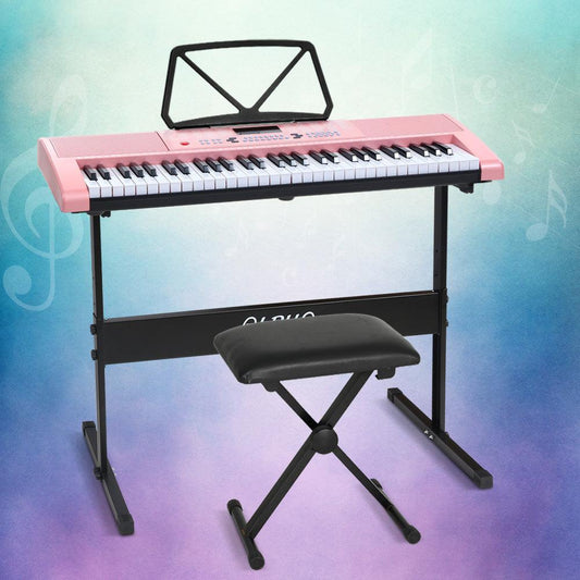 Alpha 61 Keys Electronic Piano Keyboard Digital Electric w/ Stand Stool Pink.