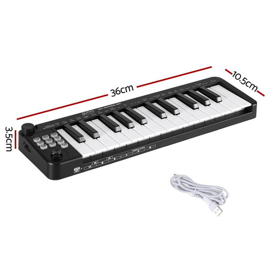 Alpha 25-Key MIDI Keyboard Controller Portable USB Laptop Black.