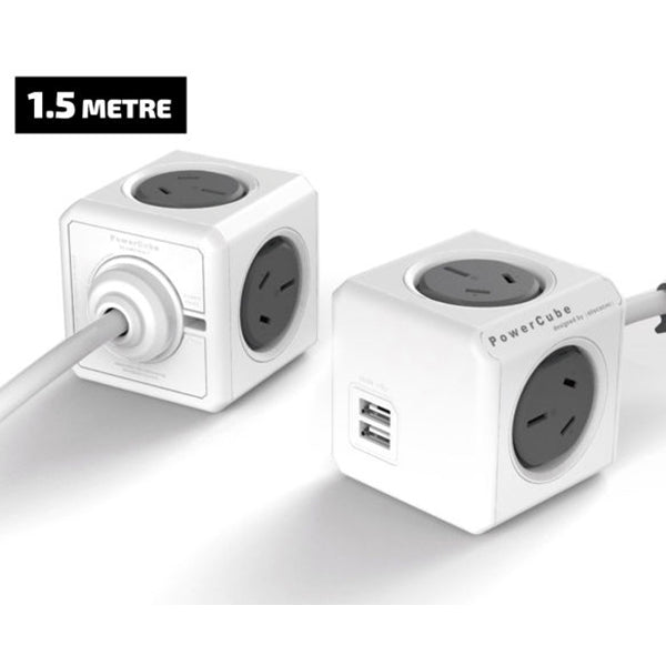 Allocacoc PowerCube Extended USB Powerboard 4-Outlets 2 USB Ports Grey-White 1.5m.