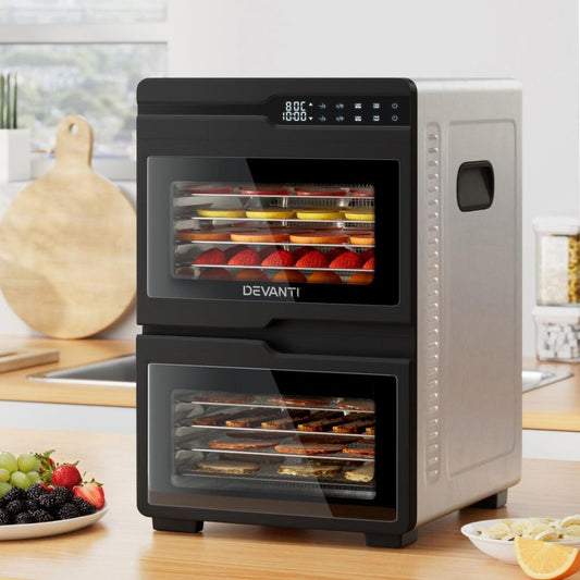 Devanti 12 Trays Food Dehydrator Dual-Zone Stainless Steel Fruit Jerky Dryer.