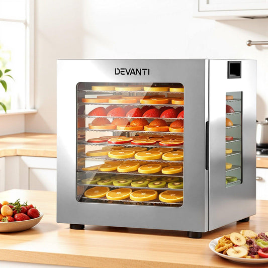 Devanti 10 Trays Food Dehydrator Stainless Steel Visible Glass Door 850W.