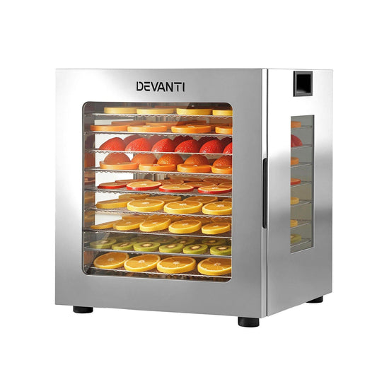 Devanti 10 Trays Food Dehydrator Stainless Steel Visible Glass Door 850W.