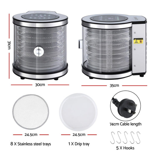 Devanti 8 Trays Food Dehydrator Stainless Steel Auto-Rotate 10 Programs 700W.