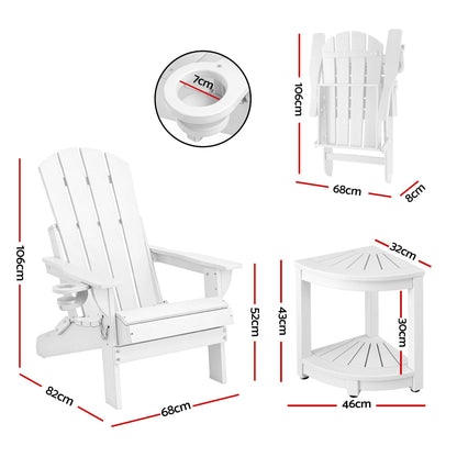 Gardeon Outdoor Table and Chairs HDPE Folding Adirondack Beach Chair Patio Furniture White