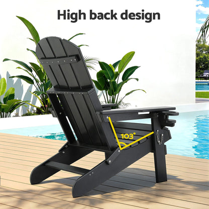 Gardeon Outdoor Chairs Folding Adirondack Beach Chair HDPE Sun Lounge Patio Furniture Garden Black