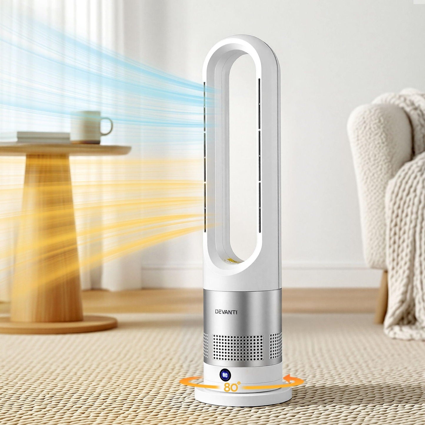 Devanti Bladeless Tower Fan Heater and Cooler 2in1 Portable Oscillation Fan for Bedroom Room Office Use White.