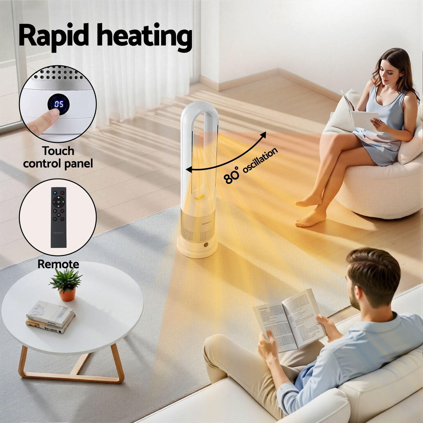 Devanti Bladeless Tower Fan Heater and Cooler 2in1 Portable Oscillation Fan for Bedroom Room Office Use White.