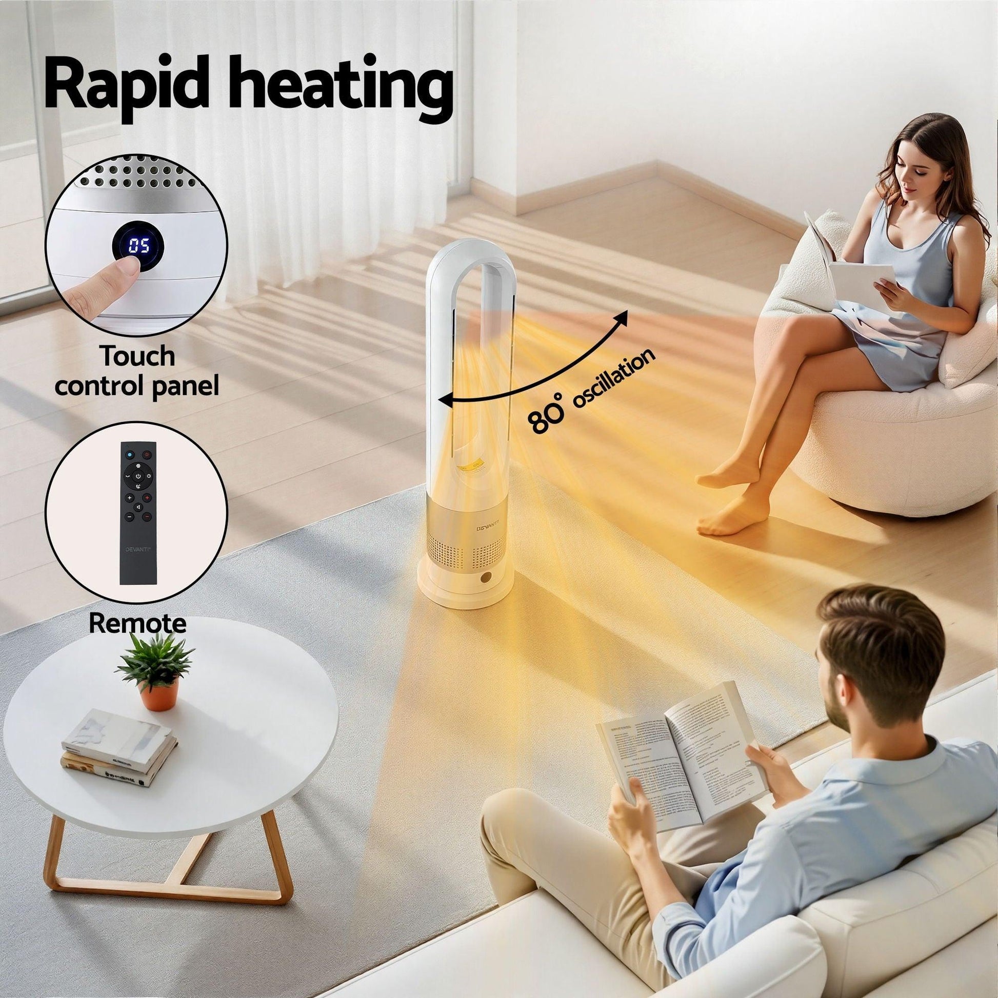 Devanti Bladeless Tower Fan Heater and Cooler 2in1 Portable Oscillation Fan for Bedroom Room Office Use White.